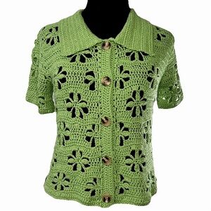 Stoned Immaculate Amelie Daisy Crochet Cardigan Short Sleeve Green Top Size S